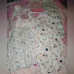 4 Baby Girl Sleep Sacks & NWT Hats & Mittens Set